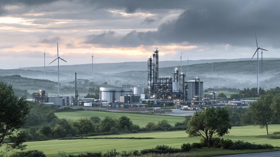 HVO (Hydrotreated Vegetable Oil) fuel production installation in the United Kingdom, featuring a modern industrial refinery with sleek steel tanks, pipelines, distillation towers, and biofuel processing units