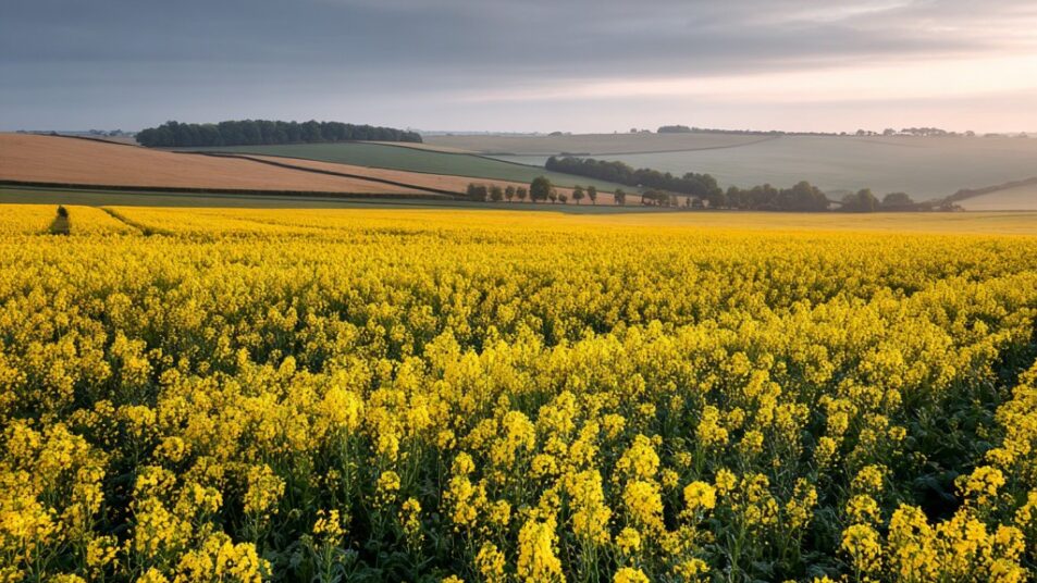 A vast rapeseed oil field in the United Kingdom stretching to the horizon, endless waves of vibrant yellow flowers
